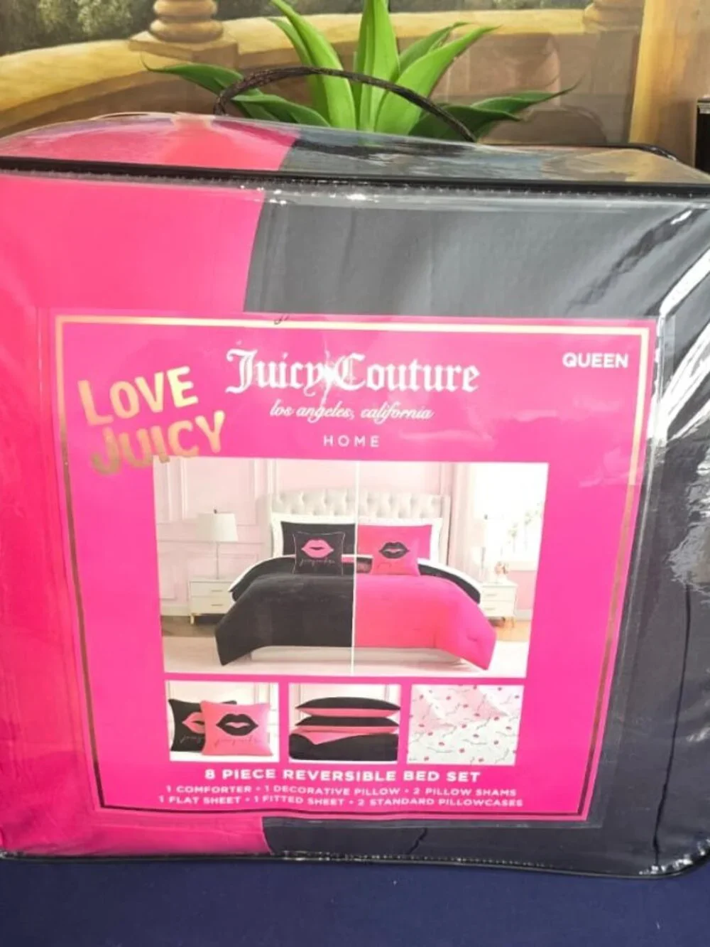 Juicy Couture Queen Bed Set 8 Pc Reversible Pink Black Comforter New 💕🛏️